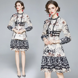 Robe Midi Pour Femmes Imprimé Floral Mousseline Manches Longues Élégante Col Montant Ourlet À Volants Dentelle