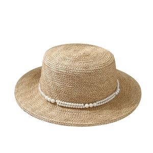 Elegant straw boater hat with double row pearl trim decoration for sun protection