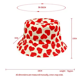 White bucket hat with red heart print and dimensions 56-58cm head circumference