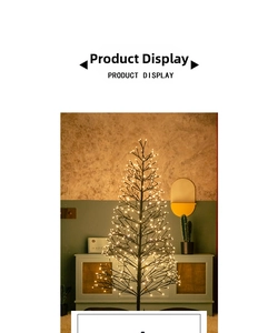 Detail of warm LED black fairy tree lights standing on a wooden cabinet in a cozy room