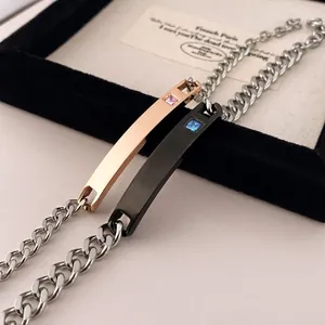 Couples Stainless Steel Cuban Chain Bracelet With Inlaid Rhinestone ID Plate Minimalist Geometric Fashion Hand Jewelry For Women Men