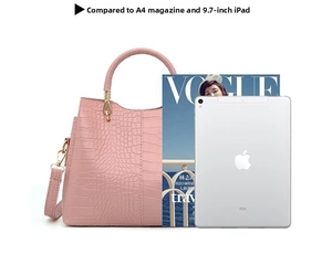 Pink crocodile pattern tote bag size comparison with A4 magazine and 9.7 inch iPad