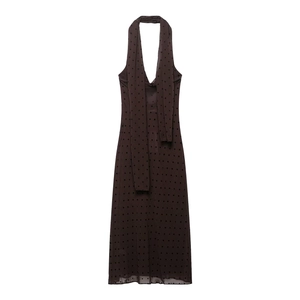 Brown halter neck polka dot long dress with backless design and sheer fabric detail