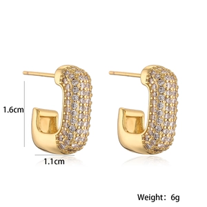 Gold plated geometric C-shape earrings with zircon inlay, size 1.6cm x 1.1cm