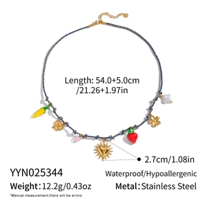 Detail view of woven blue necklace with heart pendants and 54cm length specifications