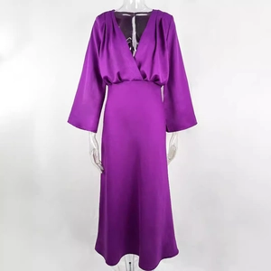 Elegant long-sleeve purple satin maxi dress with V-neckline and cinched waist design