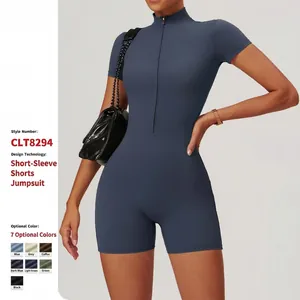 Romper de Yoga à Manches Courtes pour Femmes Haute Élasticité Combinaison de Sport Ajustée Avec Col Montant à Demi-Zip Vêtement de Sport pour Fitness Gym Entraînement Danse