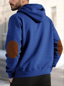 Detail view of men's navy hoodie showing brown oval elbow patches and knit texture