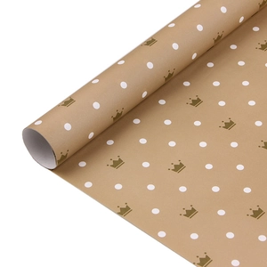 Brown kraft gift wrapping paper roll with white polka dots and golden crown patterns