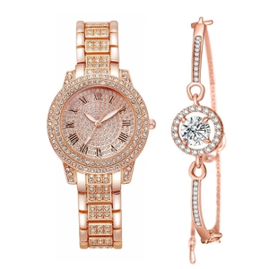 Detail of rose gold rhinestone watch and matching crystal bracelet jewelry set