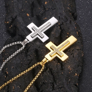 Dual-layer stainless steel cross necklaces in gold and silver with cubic zirconia on stone