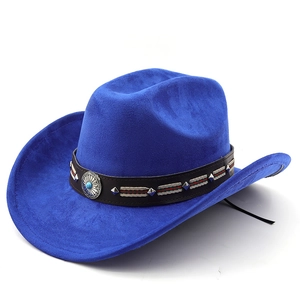 Cappello da cowboy blu reale in finta pelle scamosciata con fascia borchiata e turchese