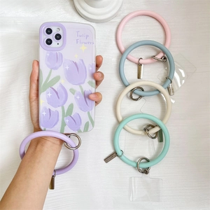 Detail of colorful silicone phone ring straps with purple tulip case and metal buckle