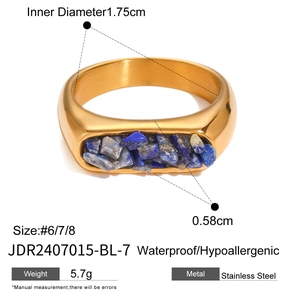 Detailed specs of gold stainless steel ring with blue stone featuring size and weight details