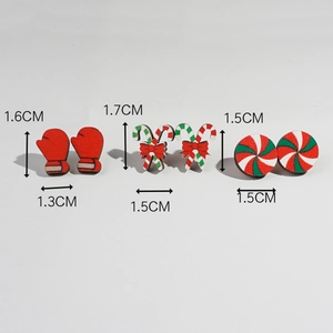 Detailed size view of Christmas stud earrings set with glove and candy cane shapes