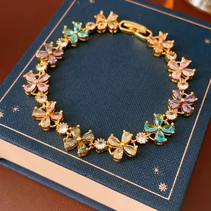Colorful Zircon Flower Bracelet Copper Gold Plated Water Drop Petals Jewelry For Women Versatile Luxury Style