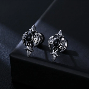 Gothic cross stud earrings with bat wings and black center stone for men and women