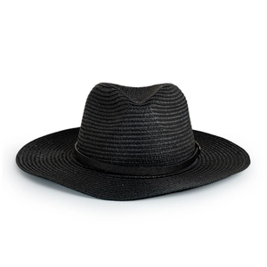 Close-up of black straw fedora showing high-quality woven texture and minimalist hat band