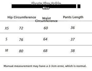 Detailed size chart for lace-trimmed home wear shorts showing hip, waist and length measurements