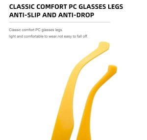 Close-up of yellow PC plastic sunglasses temple arms with ergonomic anti-slip design