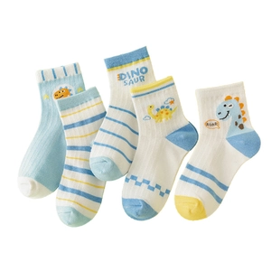 Five pairs of kids cotton mesh socks with colorful cartoon dinosaur patterns and roar text
