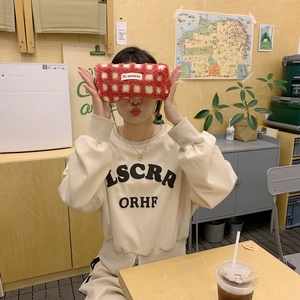 Detail of red and white checkered waffle plush pencil case held by a person