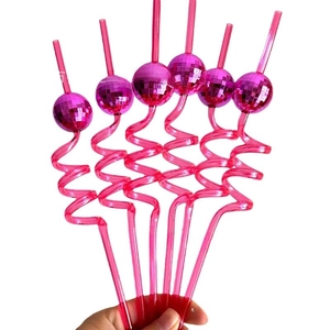 Set of 6 pink spiral party straws featuring shiny disco ball topper decorations