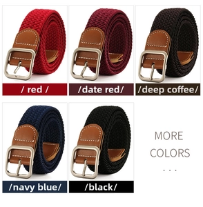 Detail of stretch woven belts in red, burgundy, coffee, navy and black with metal buckles