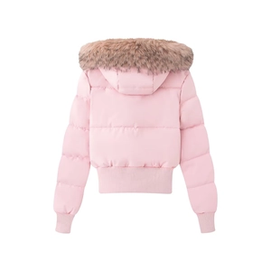 Rear view of pink hooded quilted jacket featuring a fluffy brown faux fur trim hood