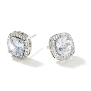 Macro shot of silver halo stud earrings with square cubic zirconia and size dimensions