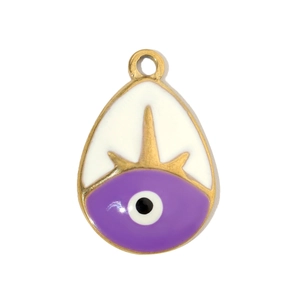 Detailed view of water-drop evil eye pendant with purple and white enamel in gold finish