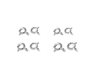 Close-up of eight silver spring ring clasps for DIY jewelry making and necklace repair