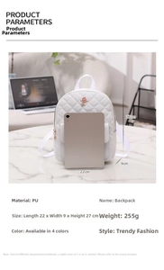 Detailed view of white quilted PU backpack with floral rose accent and size dimensions