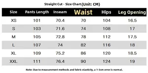 Detailed size guide table for men casual trousers showing XS-XXL measurements in CM