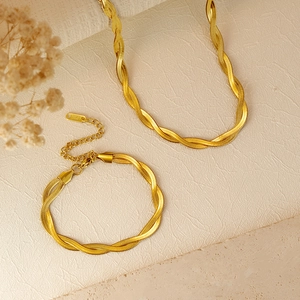 Minimalist 18K gold plated stainless steel braided chain necklace and bracelet jewelry set