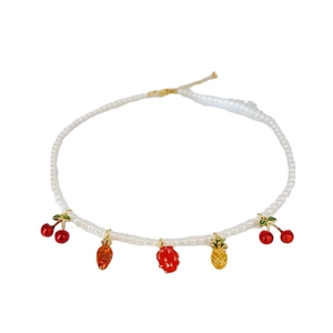 Cute pearl beaded necklace featuring colorful fruit and vegetable charms for women