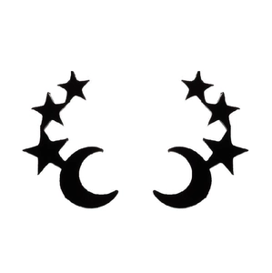 Minimalist black stainless steel star and moon stud earrings on white background
