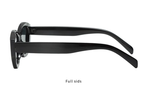 Side view of trendy cat-eye sunglasses featuring wide black temples and dark lenses