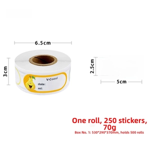 Detailed view of kitchen food labels with pear pattern showing size 5x2.5cm and dimensions