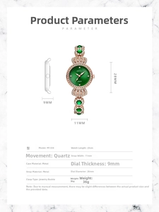 Detail view of MREURIO rose gold quartz watch with green dial and gemstone inlay