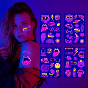 Luminous tattoo stickers with pink and blue neon patterns showing fluorescent effects