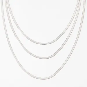 Macro detail of triple-layered silver flat snake chain showing smooth metal texture