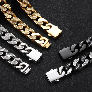 Hip hop 12mm stainless steel Cuban link chains in gold, silver and black with CZ stones