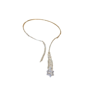 Elegant silver-toned wheat ear tassel necklace with shimmering marquise zircon stones