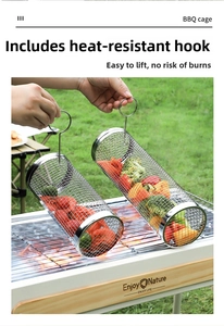 Detail of a stainless steel rolling grill basket with a safety lifting hook for outdoor BBQ