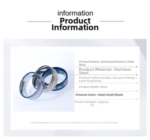 Detail card of 8mm stainless steel rings with Roman numerals in steel, gold, and black