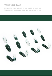 Detail of long ballerina press-on nails with green and white camellia floral art