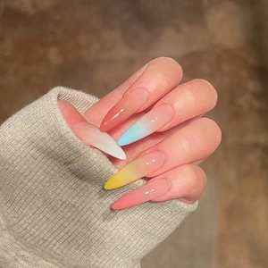 Rainbow Ombre Press On Nails Long Almond Shape Glossy Artificial False Nails Removable ABS Plastic For Women