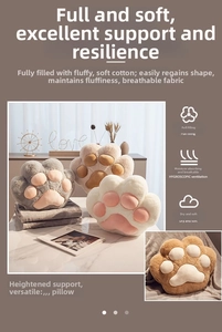 Detail of plush cat paw pillows with thick padding and soft faux fur texture