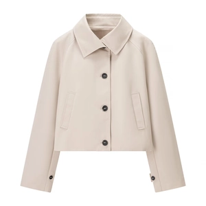 Women Casual Short Trench Coat Lapel Button Down Windproof Jacket Beige Elegant Loose Fit Outerwear Autumn Coat